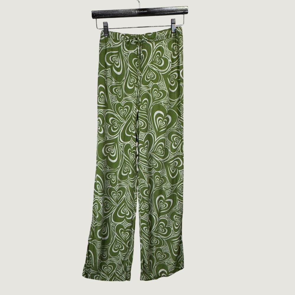 Lisa Says Gah Wide Leg Pants S Green Psychedelic Heart Print Retro Indie Sleaze